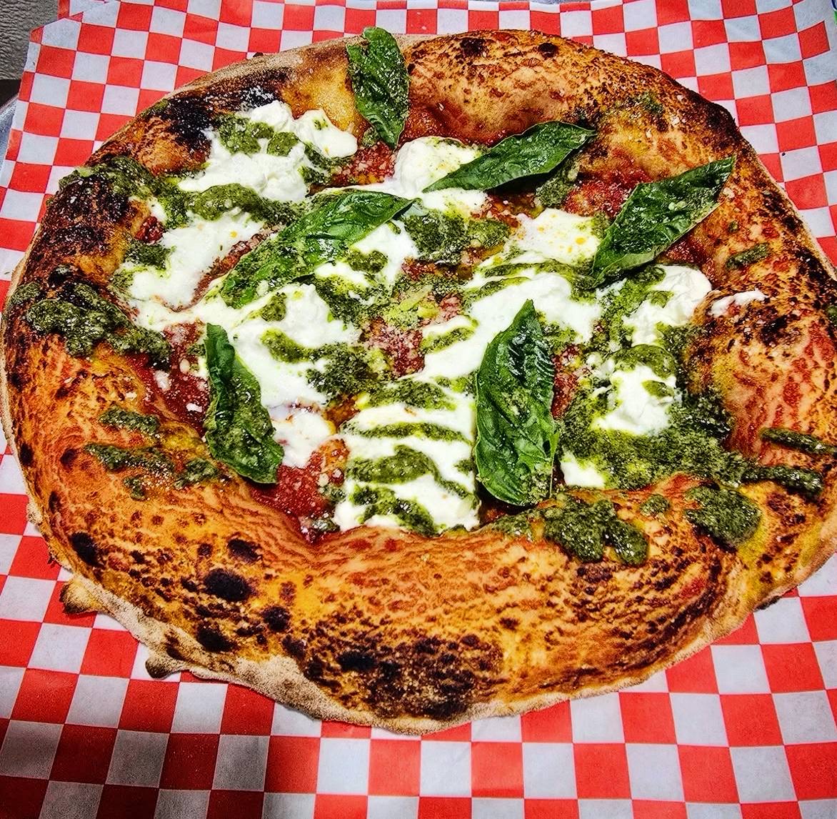 Pesto and burrata pizza